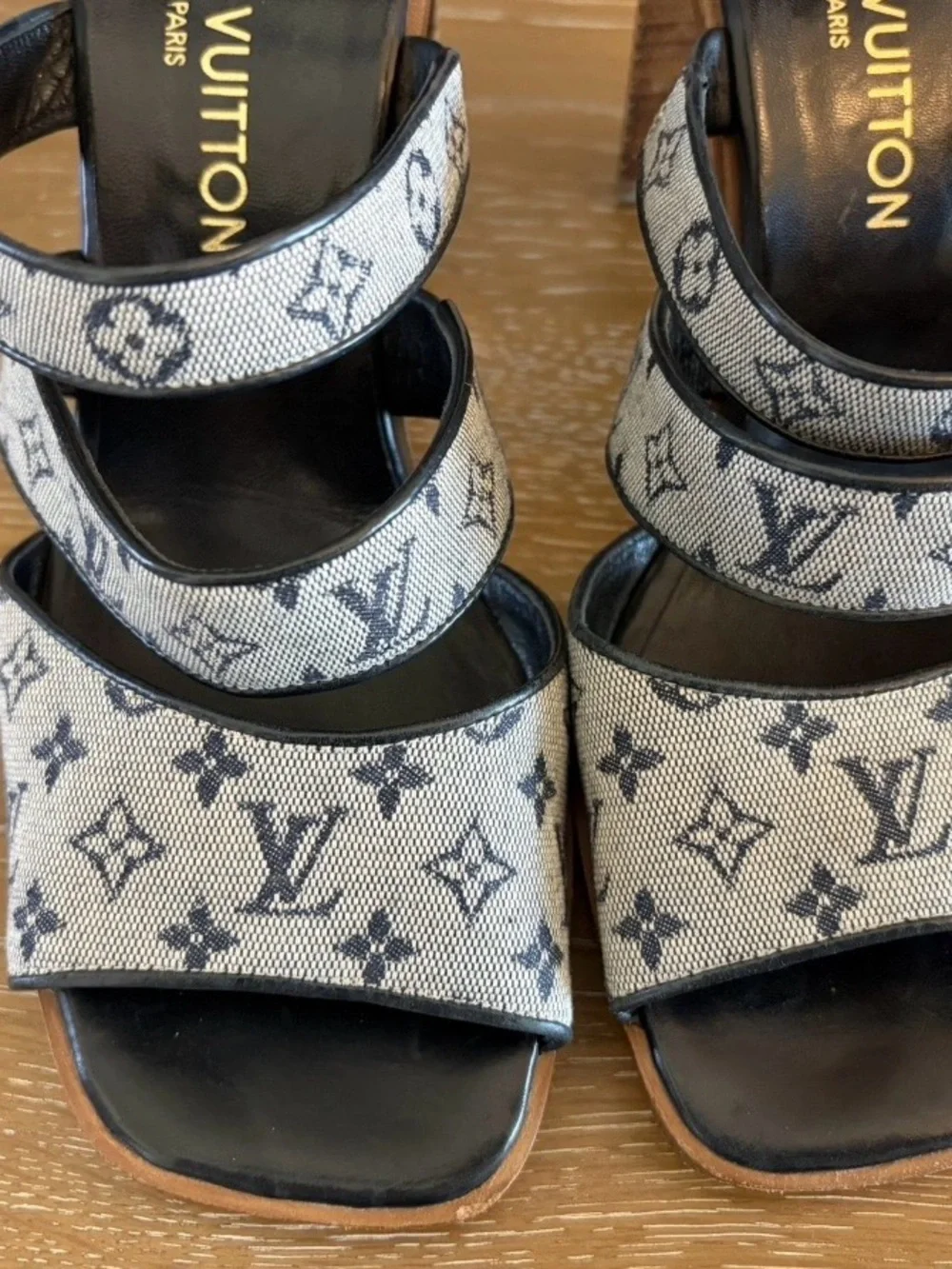 Louis Vuitton Monogram Denim Strappy Platform Sandals in Blue and Brown